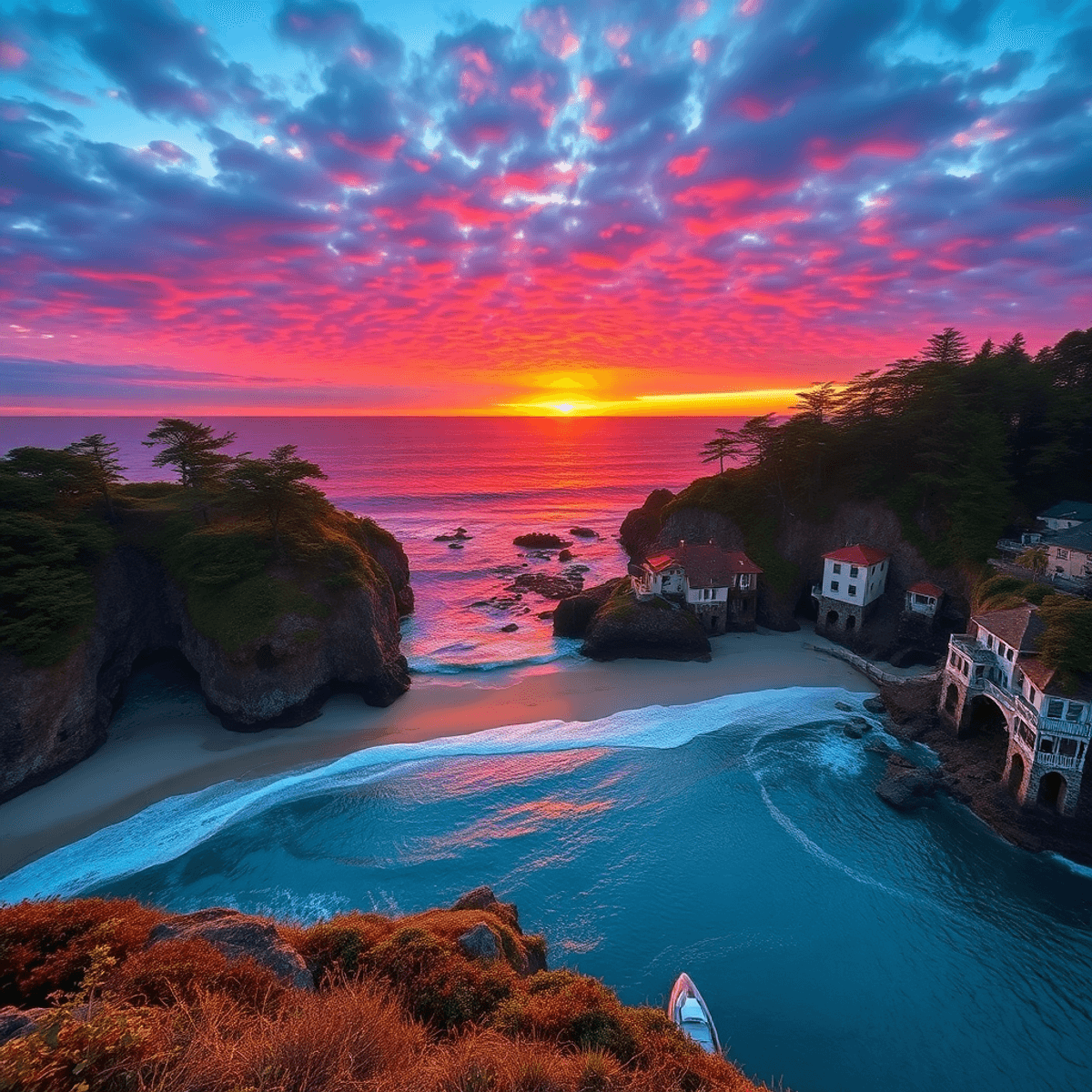 A breathtaking sunset over the Mendocino Coast, highlighting pristine beaches, dramatic cliffs, and ancient redwoods, creating a serene and romanti...