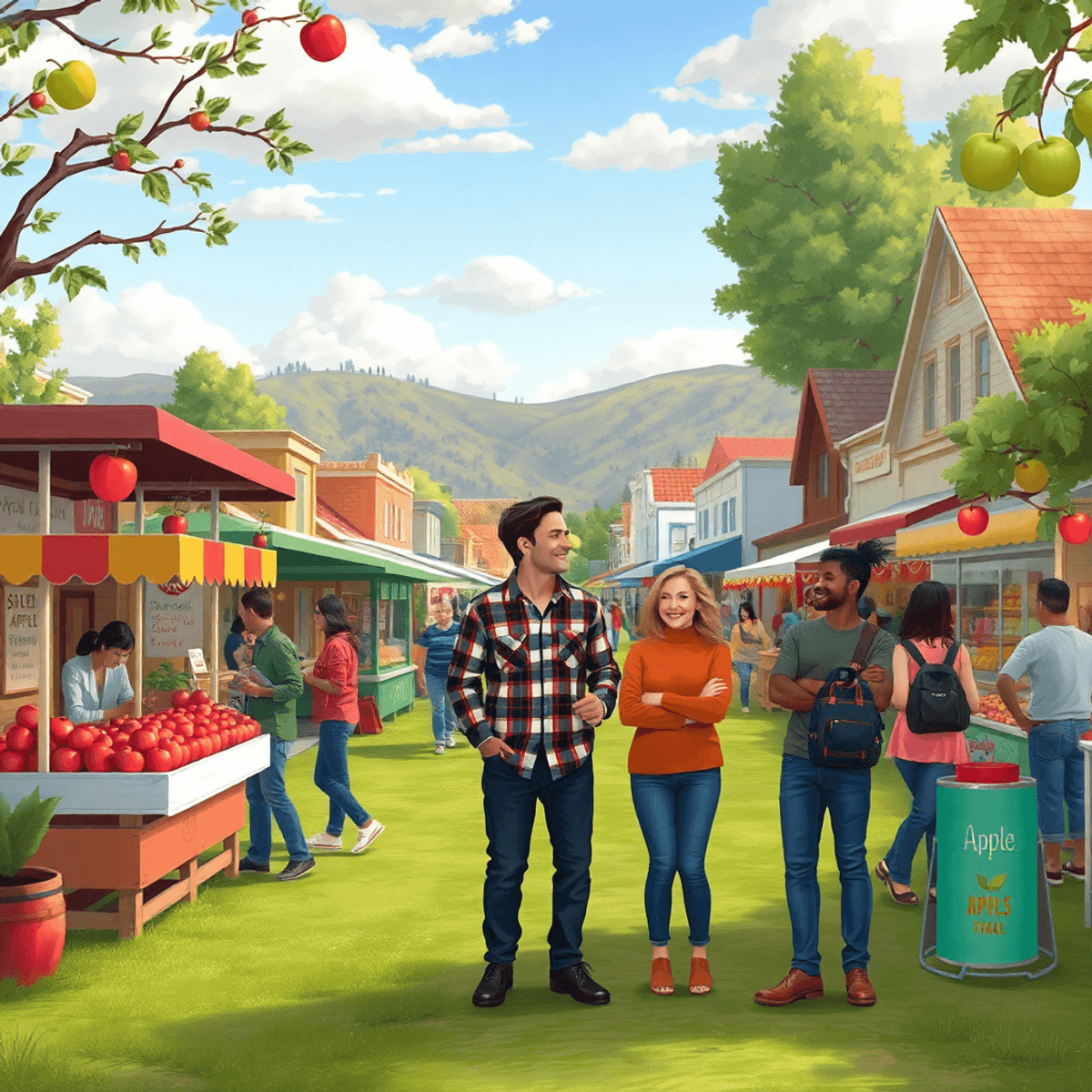 A lively small-town festival with colorful apple stalls, people enjoying the festivities, and a scenic natural backdrop, capturing the warmth and c...