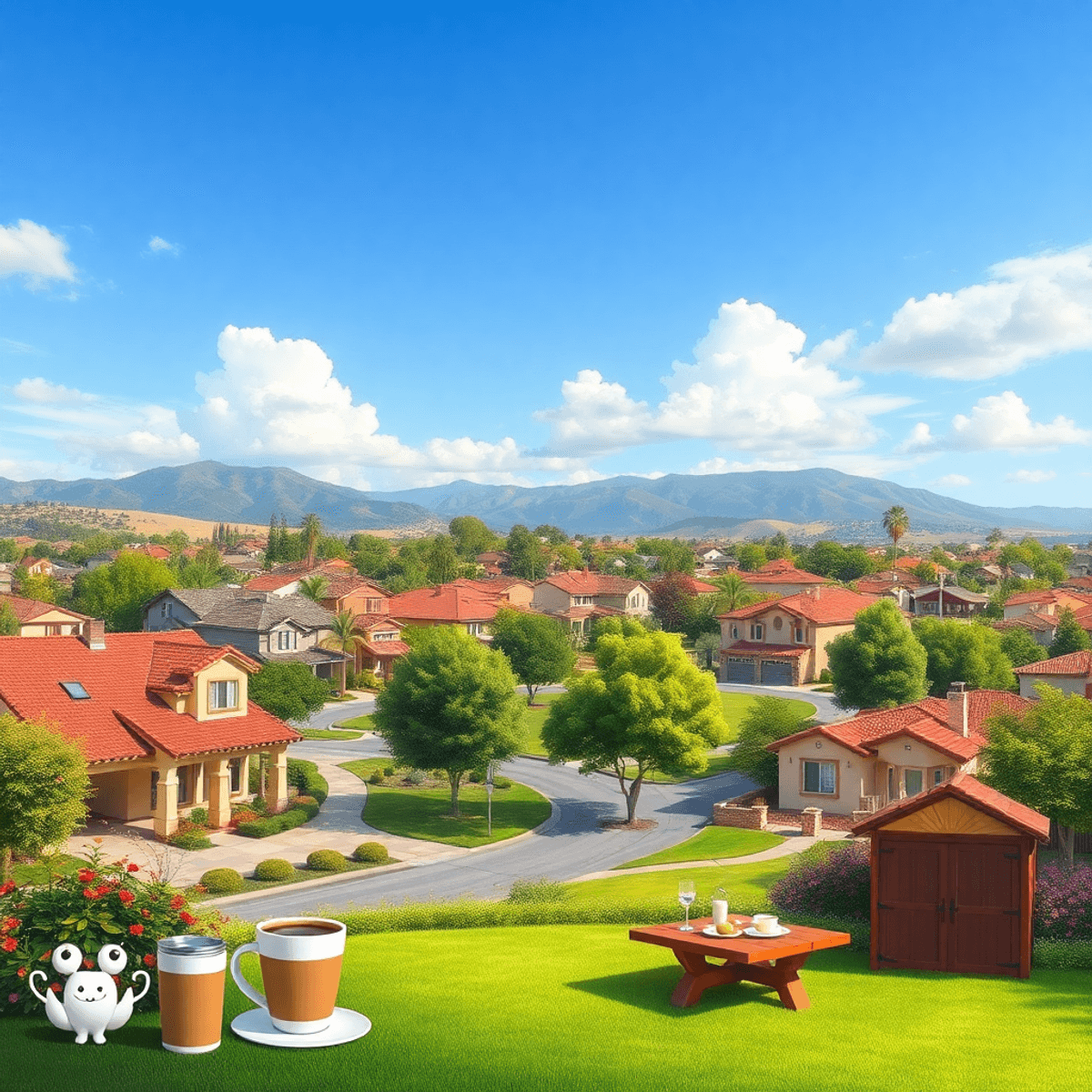 A vibrant suburban neighborhood in Santa Margarita, featuring charming homes, lush greenery, coffee cups, picnic setups, and outdoor fitness activi...