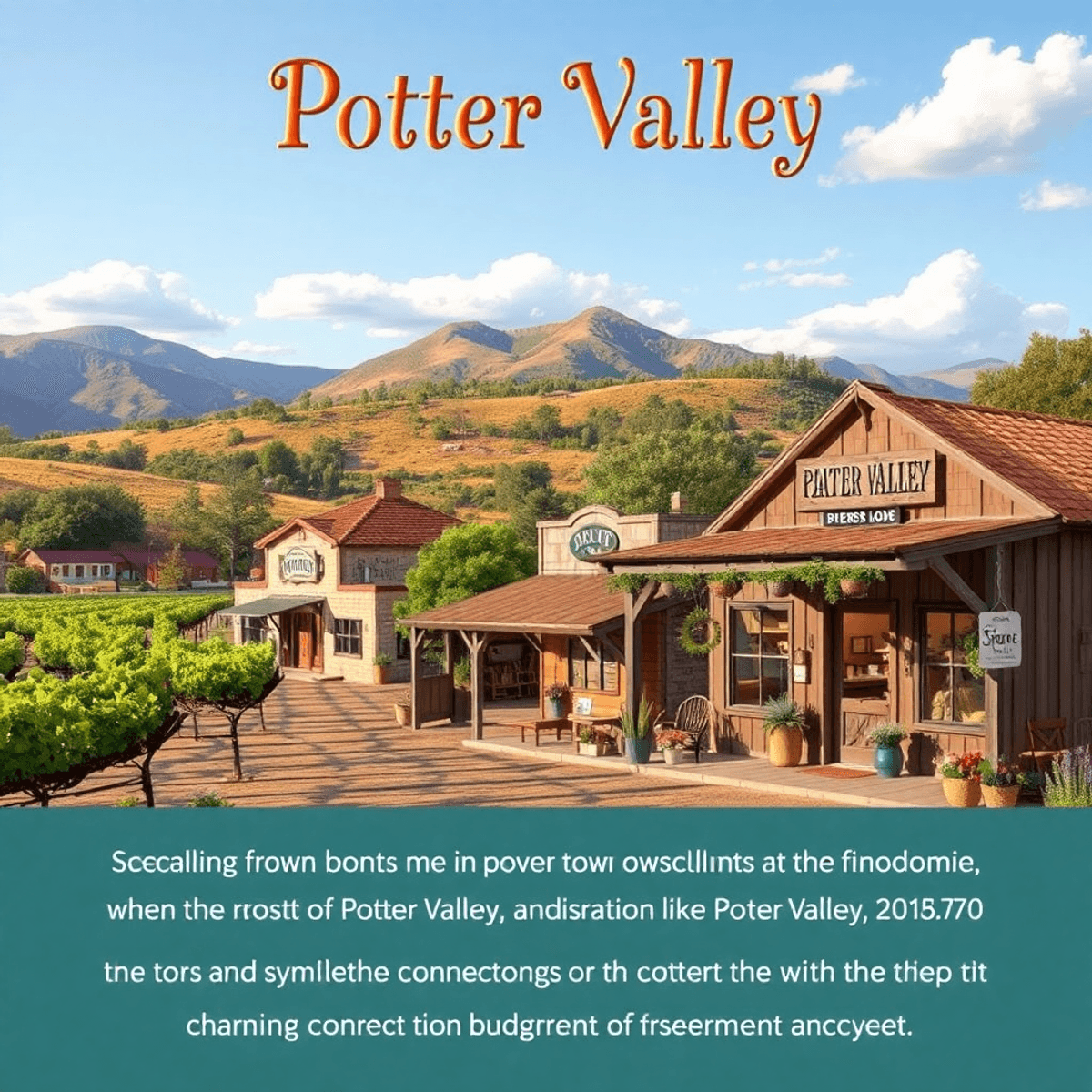A picturesque small-town scene in Potter Valley, California, featuring vineyards and a cozy local store, evoking community and romance amidst rusti...