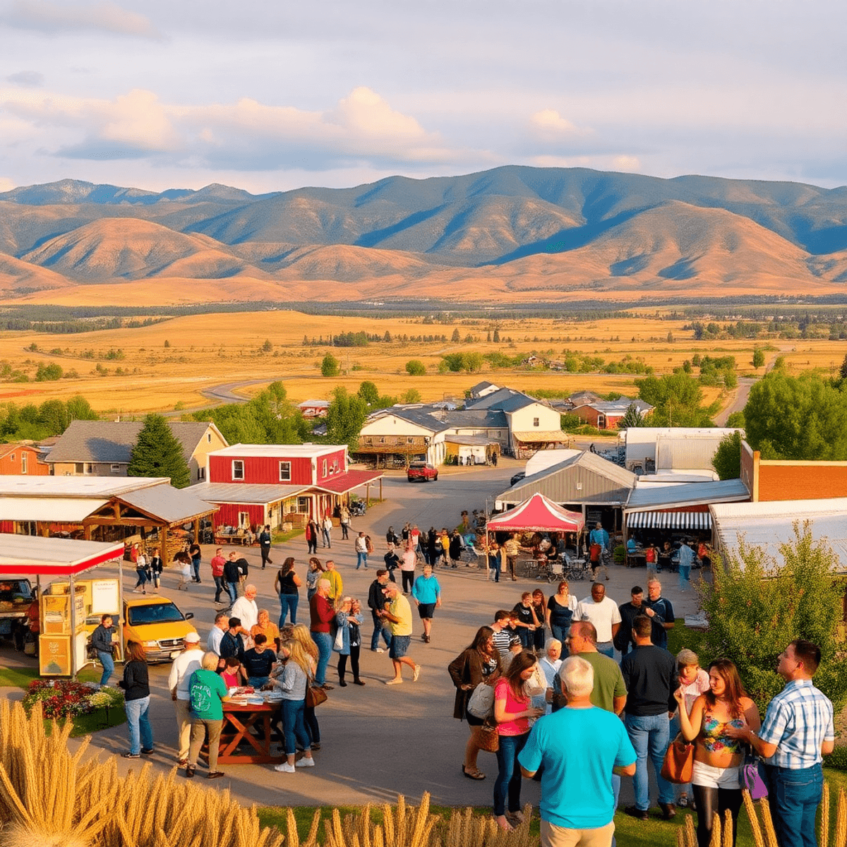 A scenic view of Butte Valley, California, featuring a vibrant community gathering at the fairgrounds, surrounded by picturesque landscapes and a w...