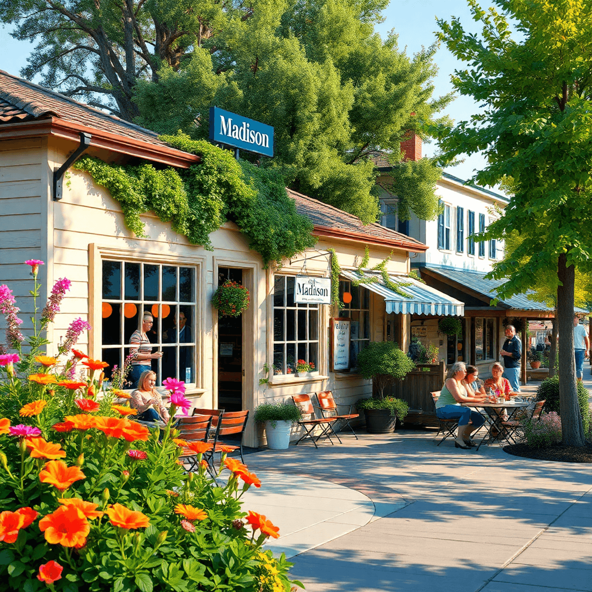 A charming small-town venue in Madison, California, with outdoor seating, surrounded by lush greenery and vibrant flowers, evoking a warm, inviting...