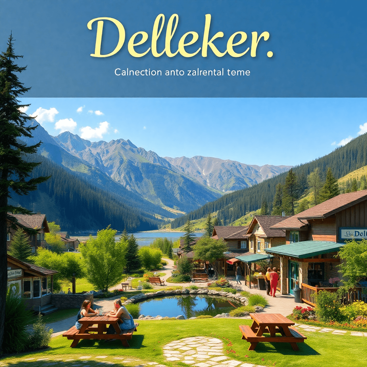 A scenic view of Delleker, California, featuring lush mountains, a cozy coffee house, a tranquil pond, and couples enjoying picnic tables in a welc...
