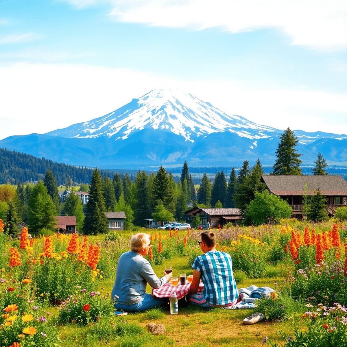 A couple enjoys a picnic in the foreground, with Mount Shasta looming majestically behind, surrounded by lush greenery and colorful wildflowers.