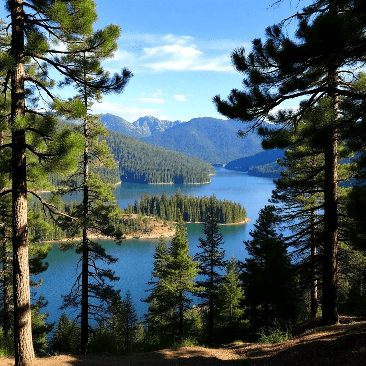 A scenic view of Pine Mountain Lake framed by lush pine trees and mountains, evoking a romantic and adventurous atmosphere in a tranquil outdoor se...