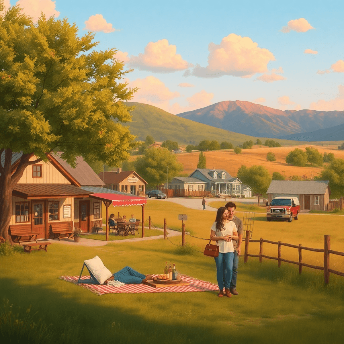 A picturesque rural landscape featuring a cozy café, a local park, and a couple walking hand-in-hand near a picnic setup, evoking warmth and commun...