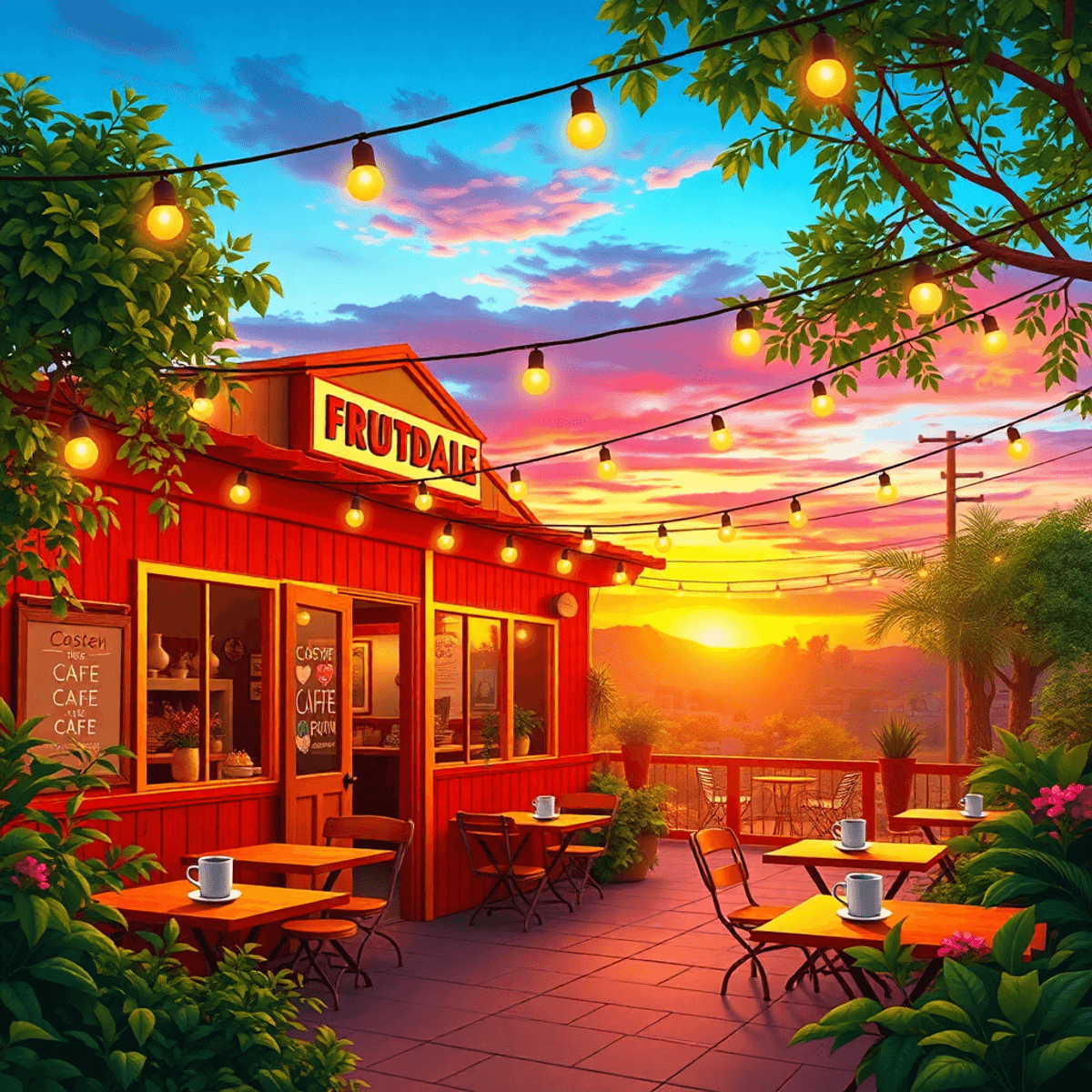A cozy café in Fruitdale, California, with outdoor seating surrounded by greenery, coffee cups on tables, and string lights, all under a beautiful ...
