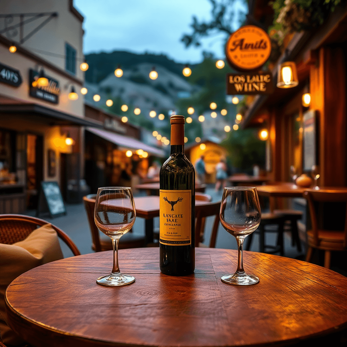 A cozy wine bar with rustic decor and warm lighting, featuring a bottle of wine and two glasses on a wooden table, surrounded by charming vintage s...