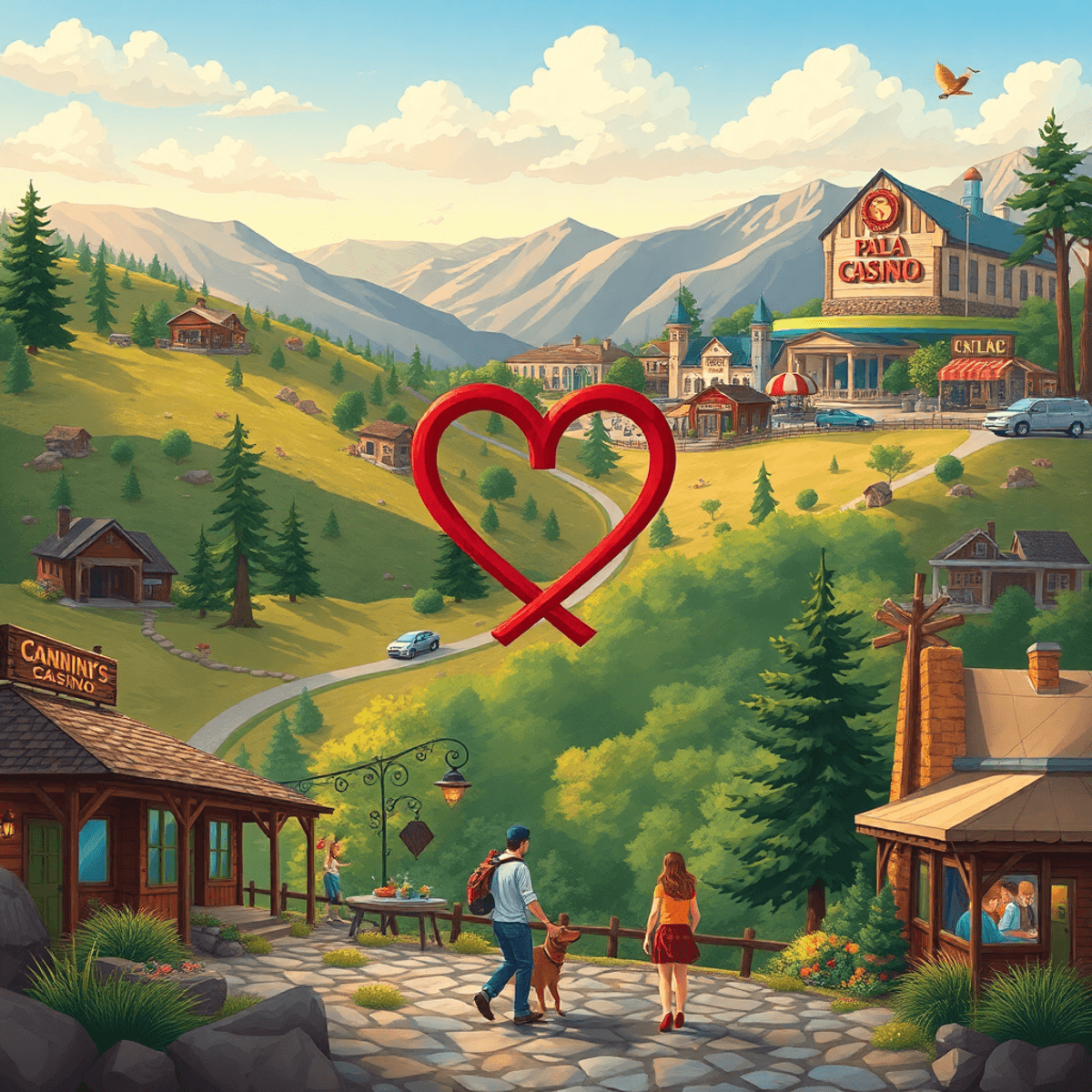 A charming small-town scene in Pala, California, with couples enjoying nature, hiking trails, and a vibrant casino backdrop, symbolizing community ...