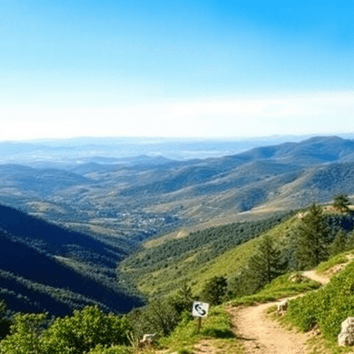 A scenic view of rolling hills and valleys in Talmage, California, featuring lush greenery, a clear blue sky, and winding hiking trails inviting ou...
