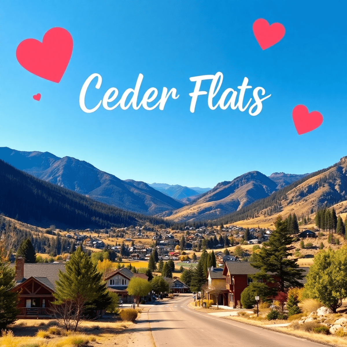 A scenic mountain landscape in Cedar Flat, California, showcasing nature's beauty with subtle symbols of romance integrated into the scenery.