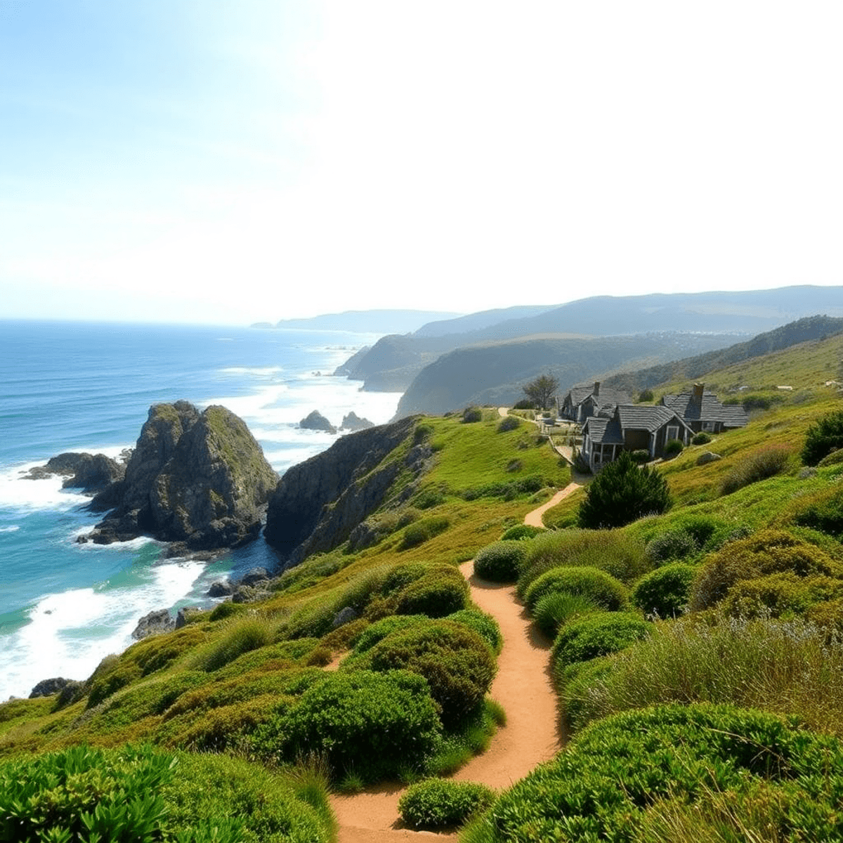 A scenic coastal view of Sea Ranch, California, with rugged cliffs, crashing waves, a winding trail, lush greenery, and cedar-shingled homes under ...