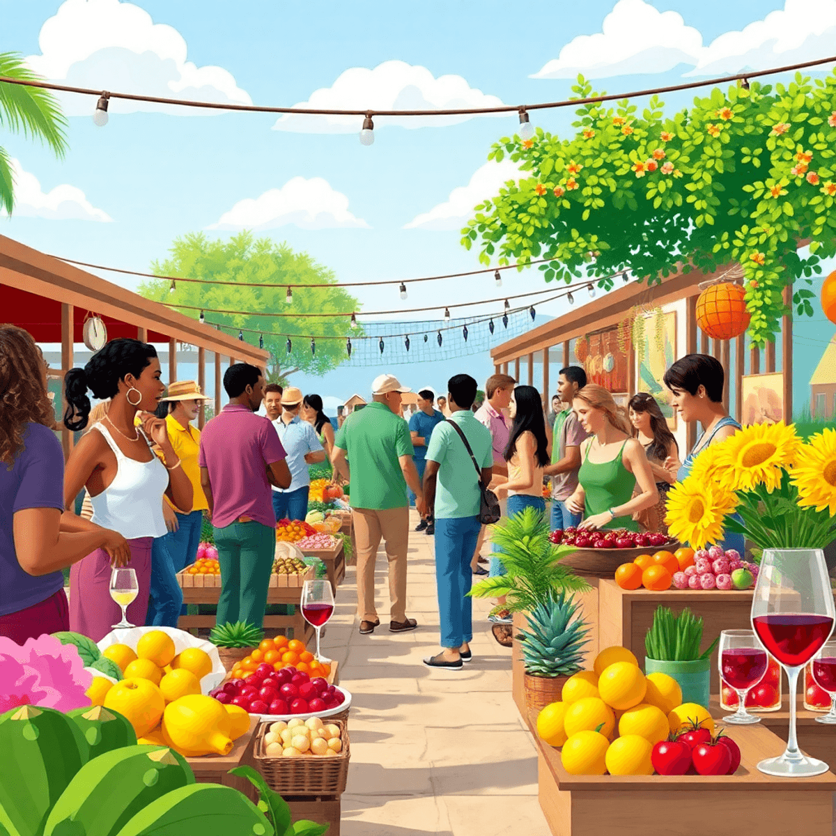 A lively farmers market with people chatting, colorful produce and flowers, beach volleyball, wine glasses, and art displays, creating a warm and i...