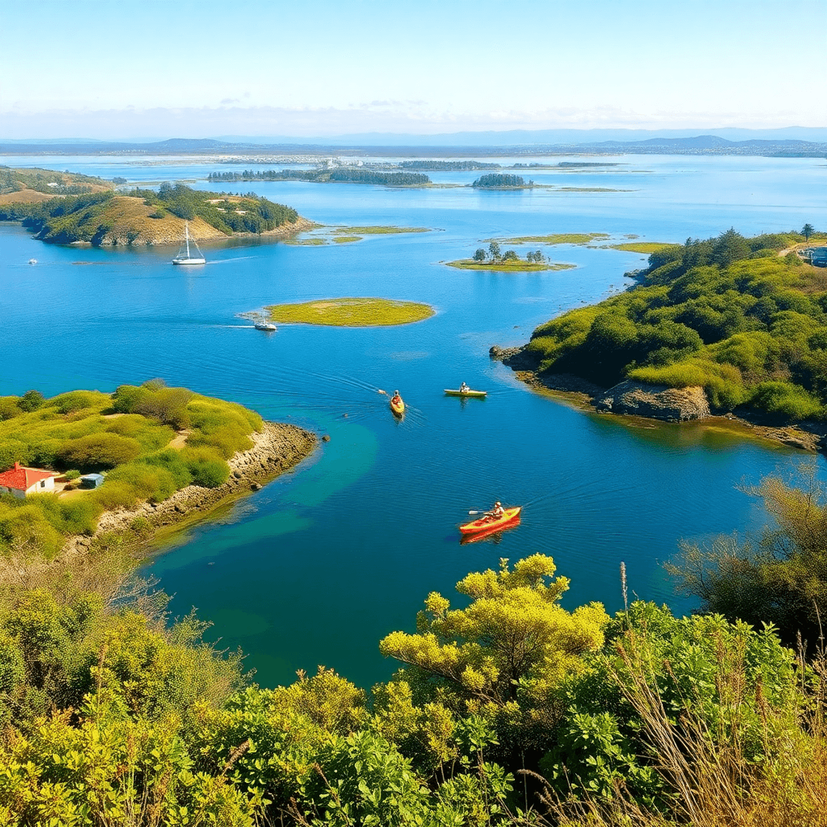 A serene coastal view of Elkhorn Slough with vibrant wildlife, kayakers on the water, and lush greenery, evoking romance and adventure in nature.