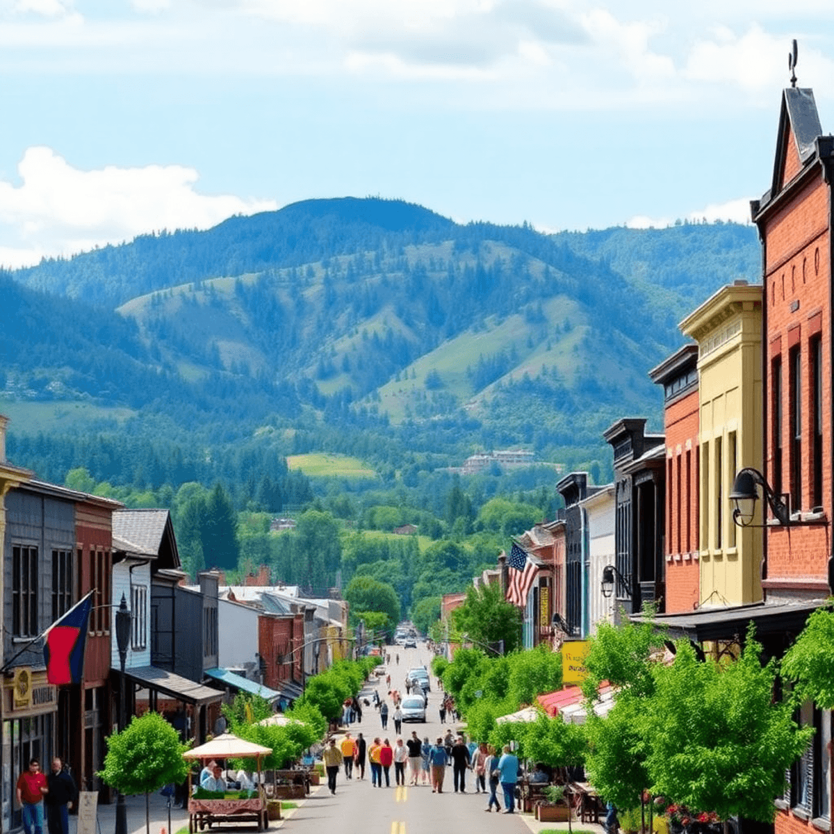 A charming view of Mariposa, California, featuring quaint buildings, lush landscapes, colorful banners, and local food stalls, creating a warm atmo...