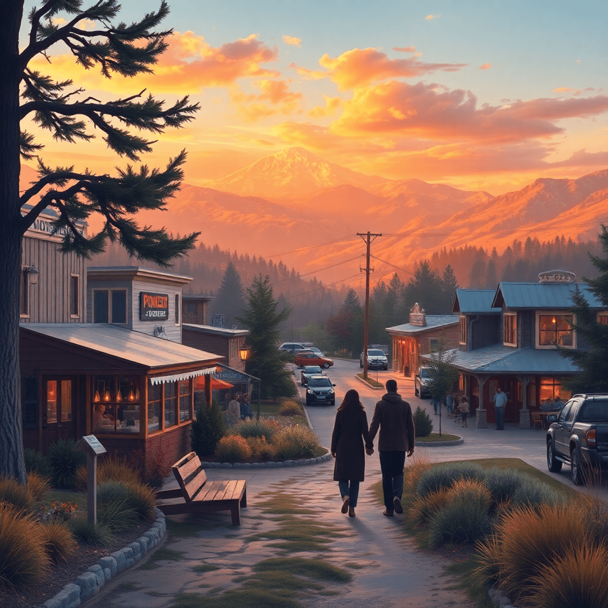 A scenic view of Pioneer, California, featuring the Sierra Nevada foothills, cozy cafes, and a couple walking hand-in-hand on a picturesque trail s...