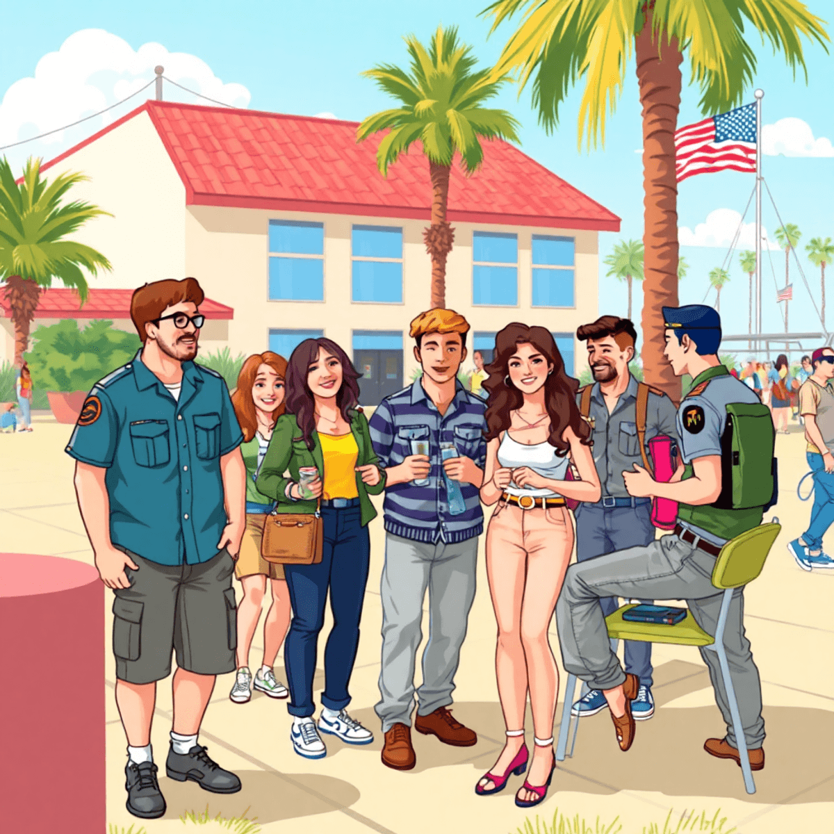 A lively outdoor gathering at a military base, featuring singles socializing under palm trees in the sunshine, with military uniforms and casual co...