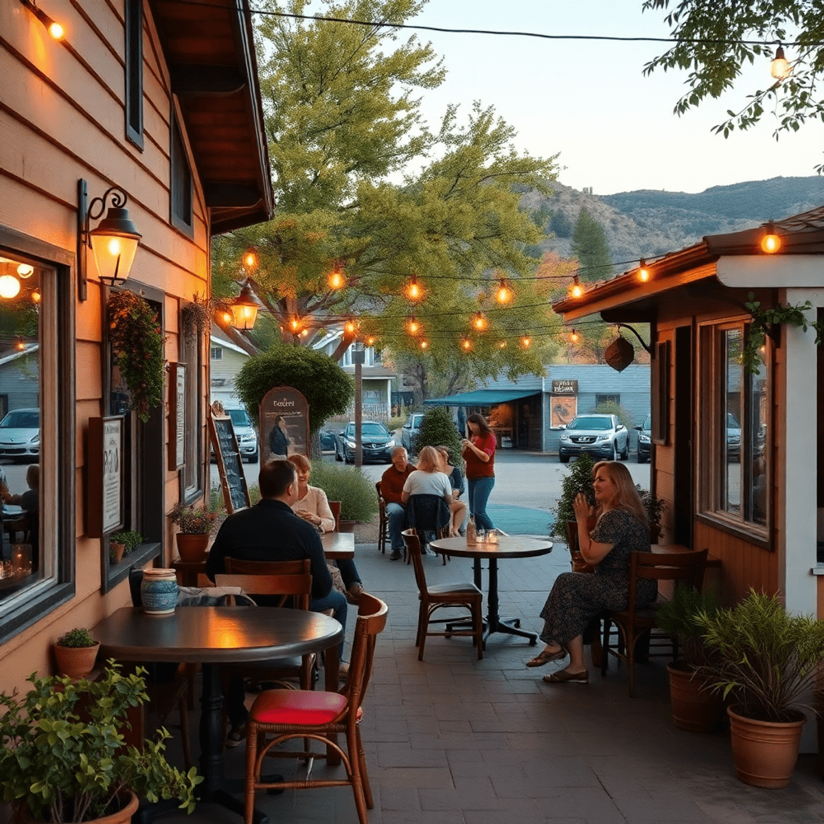 A cozy small-town venue in Rouse, California, with warm lighting and inviting seating, surrounded by lush greenery and hints of community gatherings.