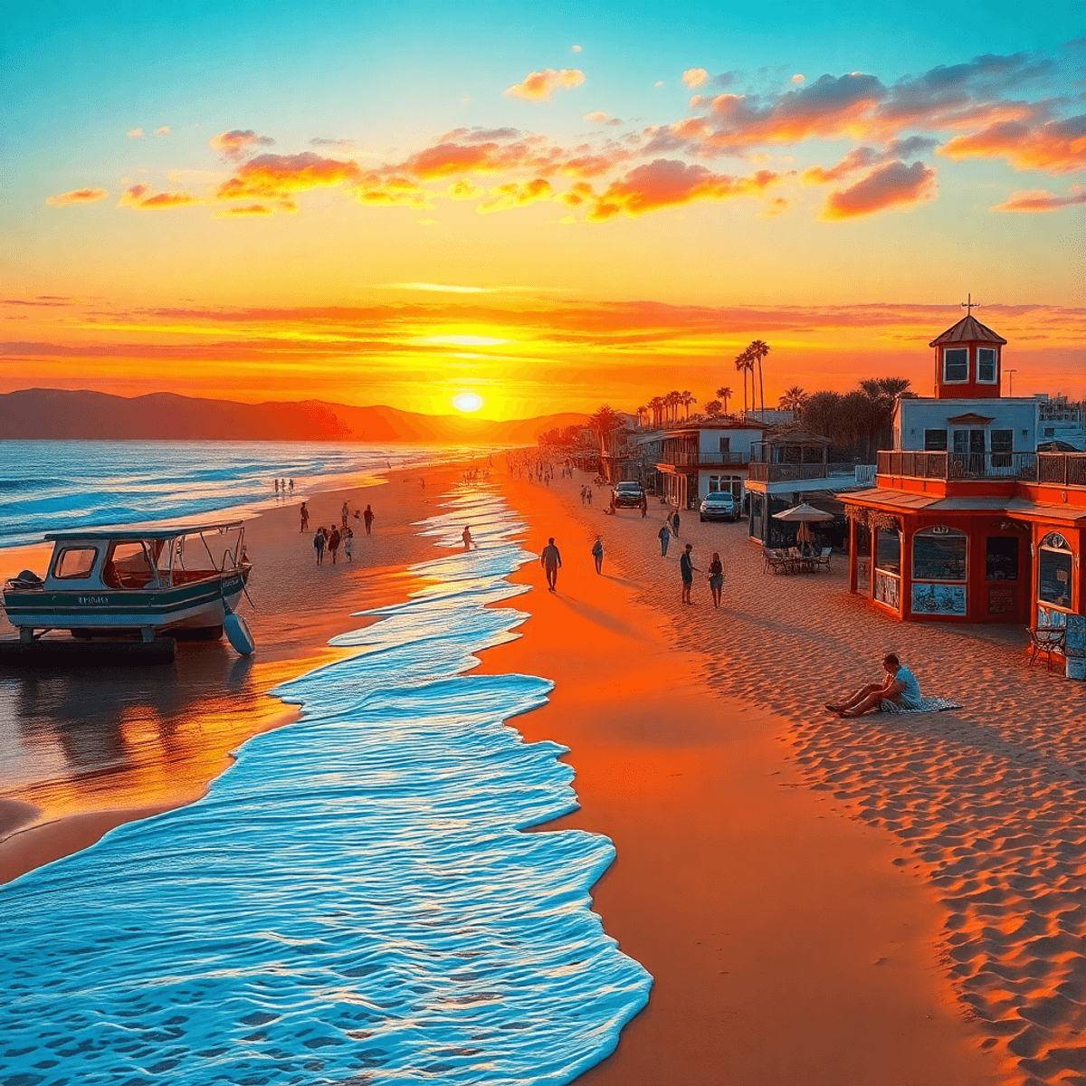 A scenic beach in Summerland, California, with golden sands, gentle waves, vibrant sunset, charming cafes, and people strolling and playing beach v...