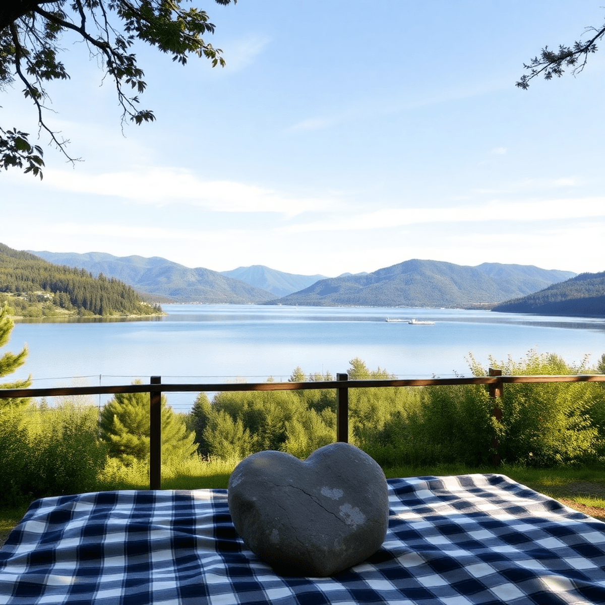 A serene lakeside view in Upper Lake, California, with lush greenery and mountains, featuring a heart-shaped rock and a vintage picnic setup, evoki...