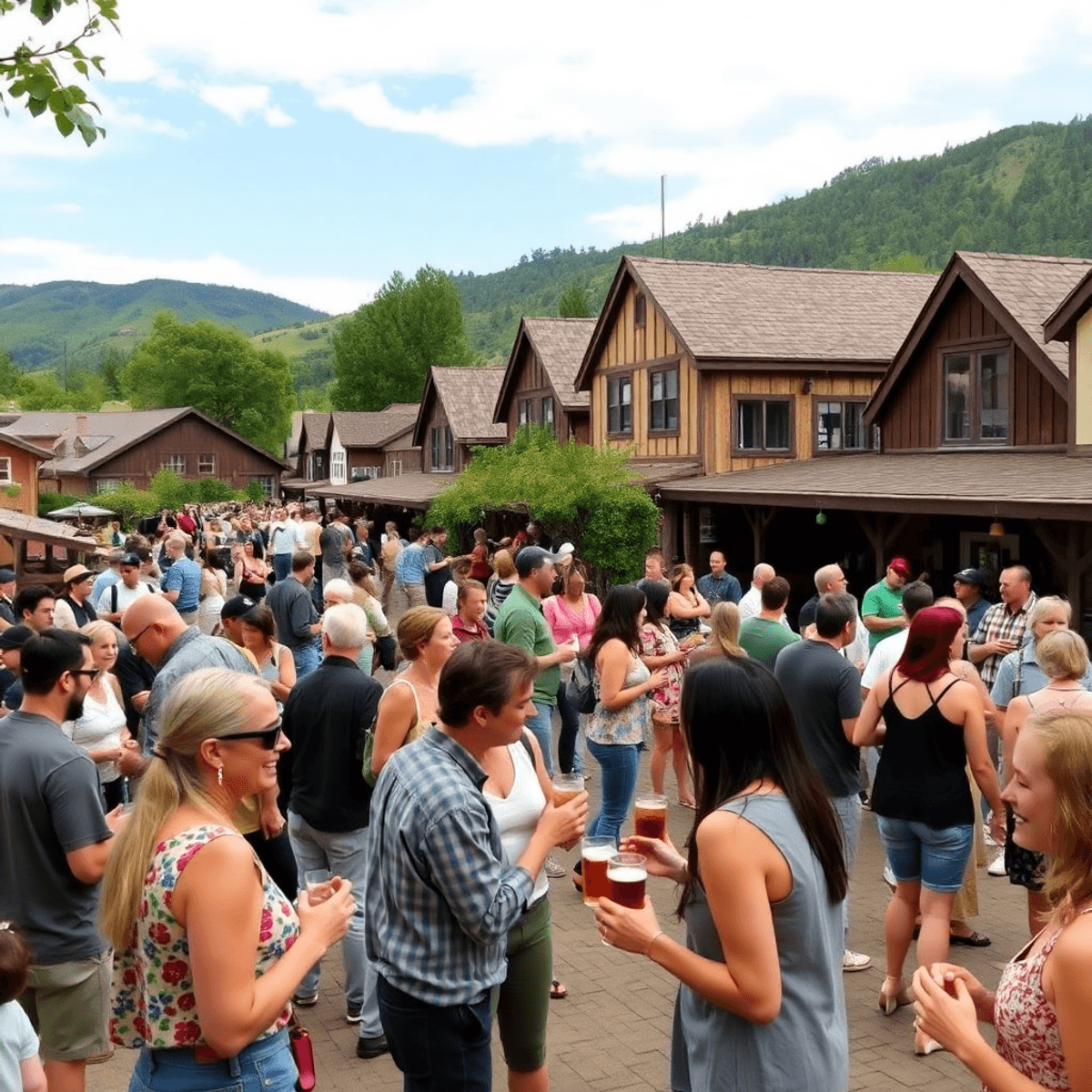 A lively small-town gathering in Penn Valley, California, featuring people enjoying craft beer tastings and social games amidst lush greenery and r...