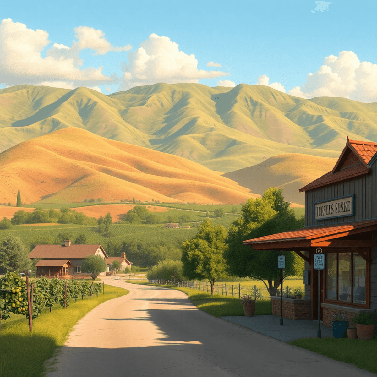 A scenic rural landscape in Somis, California, showcasing hills with citrus and avocado farms, a charming roadside stand, and an inviting coffee shop.