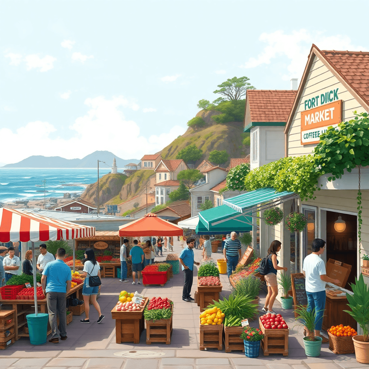 A vibrant farmers market in Fort Dick, California, with colorful produce stalls and a cozy coffee shop nearby, showcasing people enjoying a charmin...