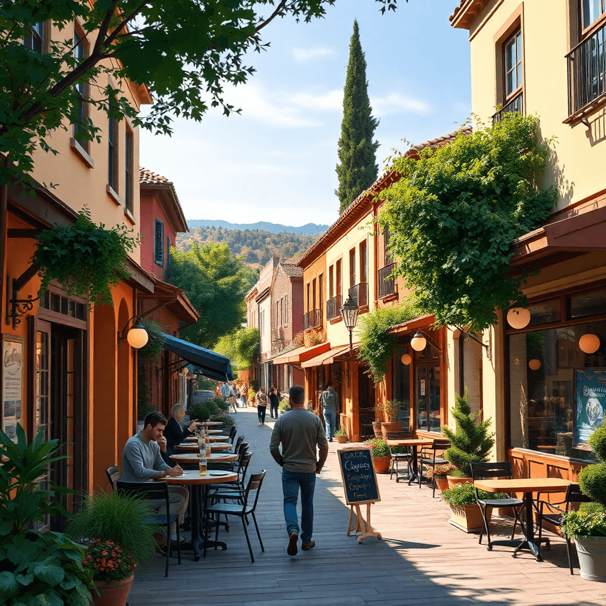 A charming small-town street in California with cozy cafes and outdoor seating, featuring a couple walking hand-in-hand, creating a warm, romantic ...