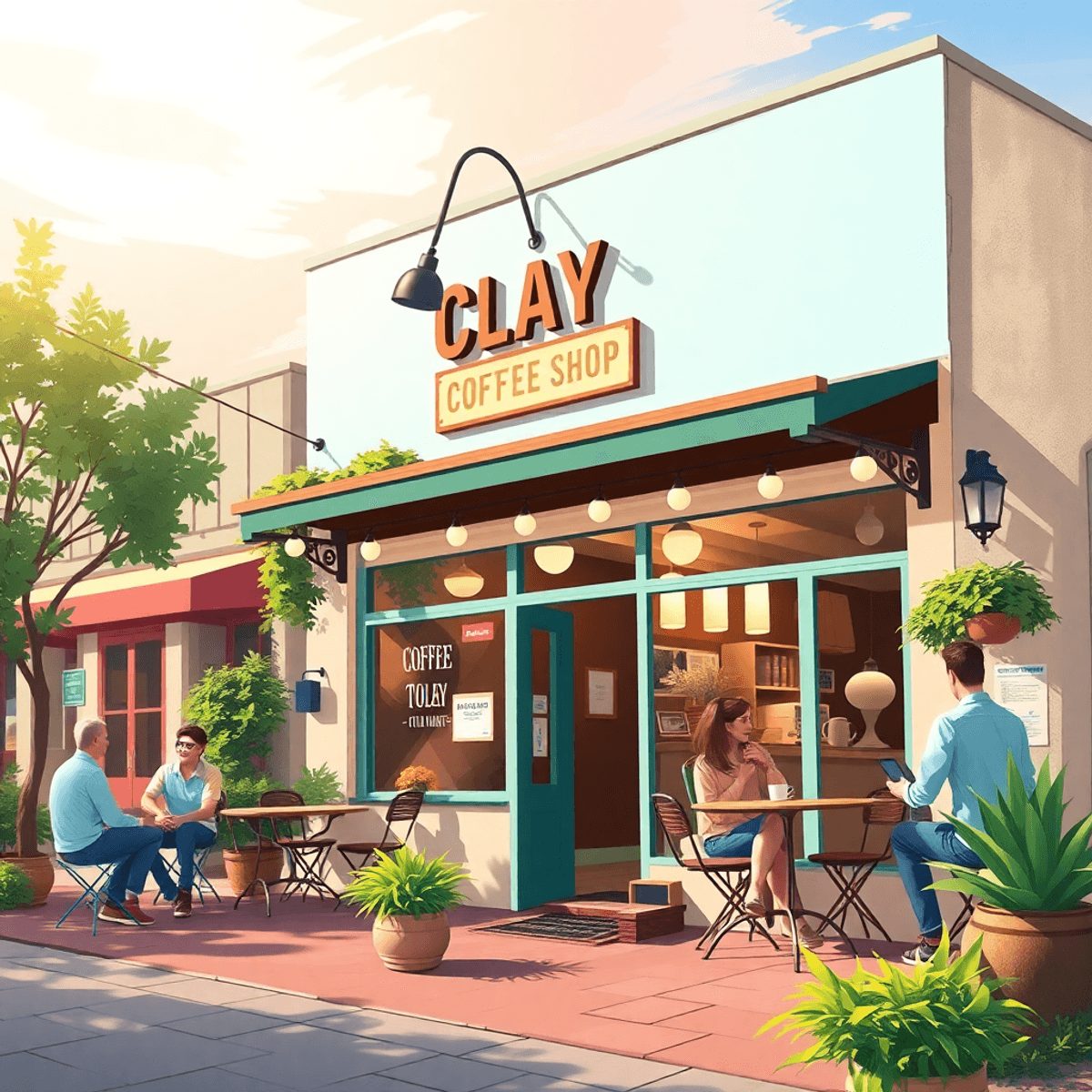 A charming small-town street in Clay, California, with a cozy coffee shop, people chatting outside, greenery, and outdoor seating, creating a welco...