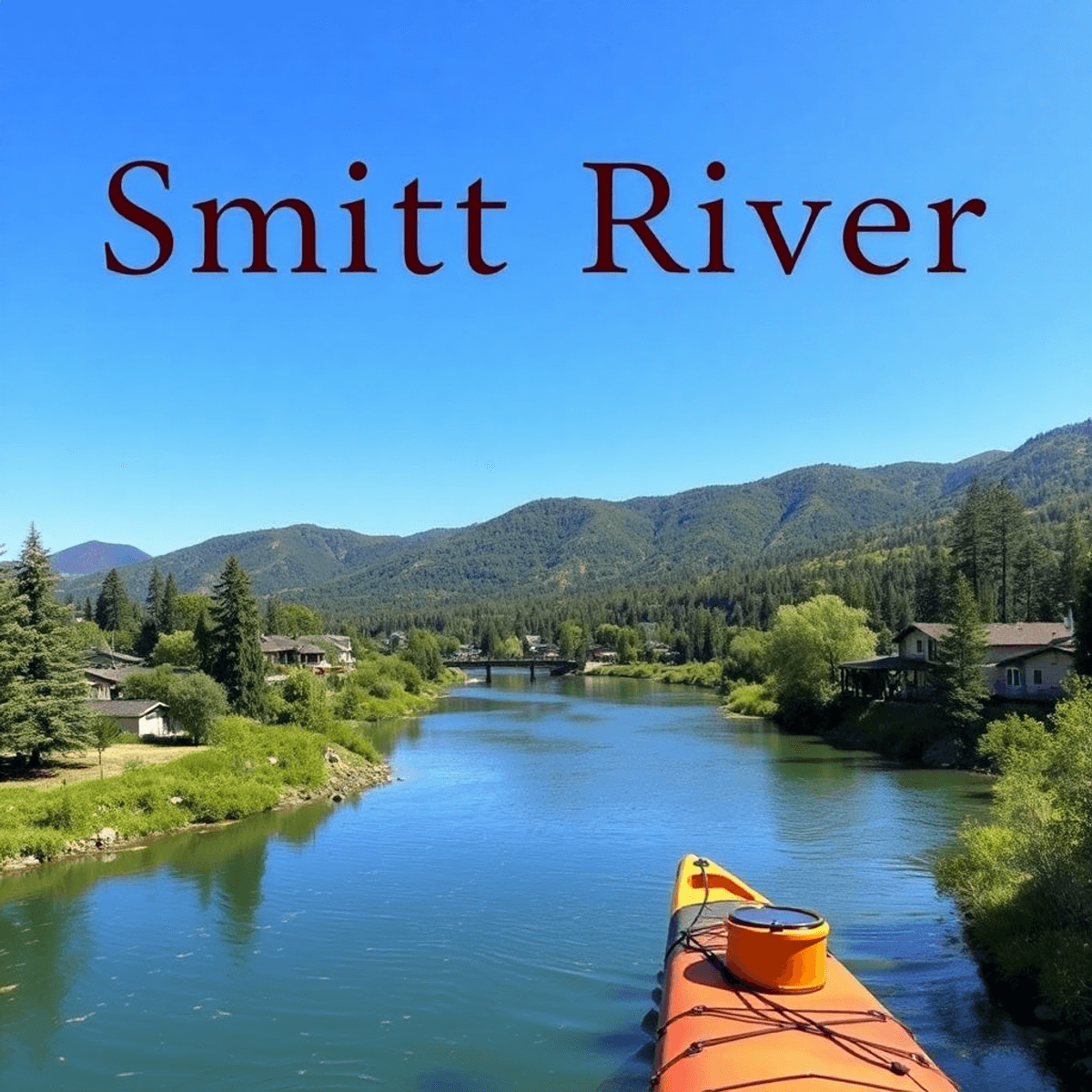 A picturesque view of the Smith River in California, featuring lush greenery, a clear blue sky, a kayak on the river, and hiking trails, capturing ...