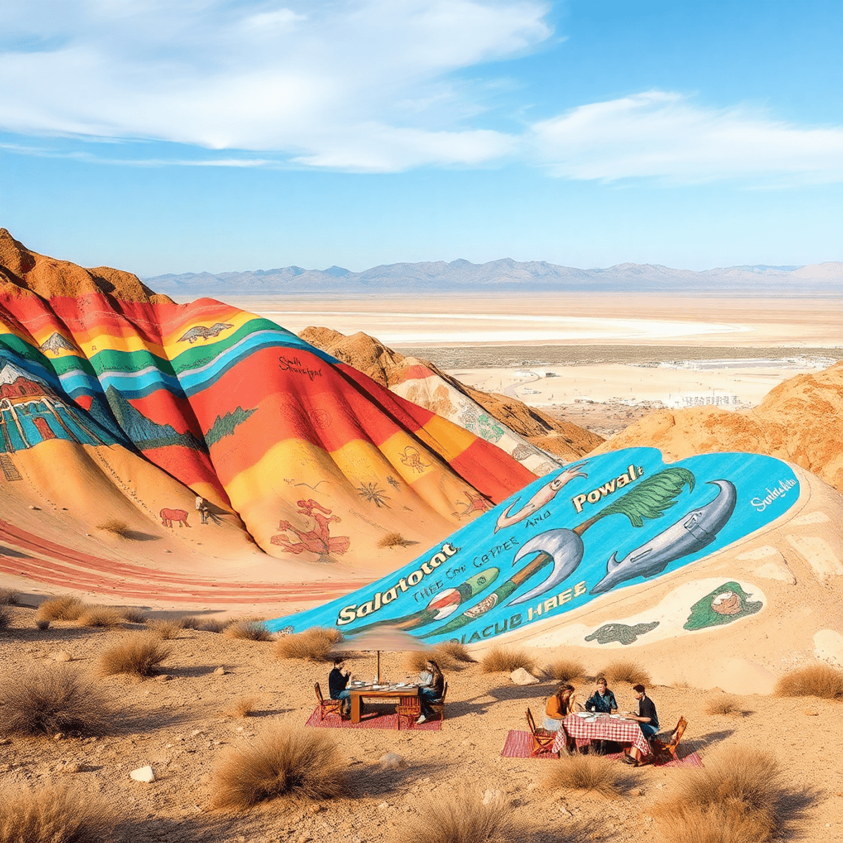 A colorful desert landscape featuring Salvation Mountain's murals, scenic trails, picnic setups, and art installations, evoking community and conne...