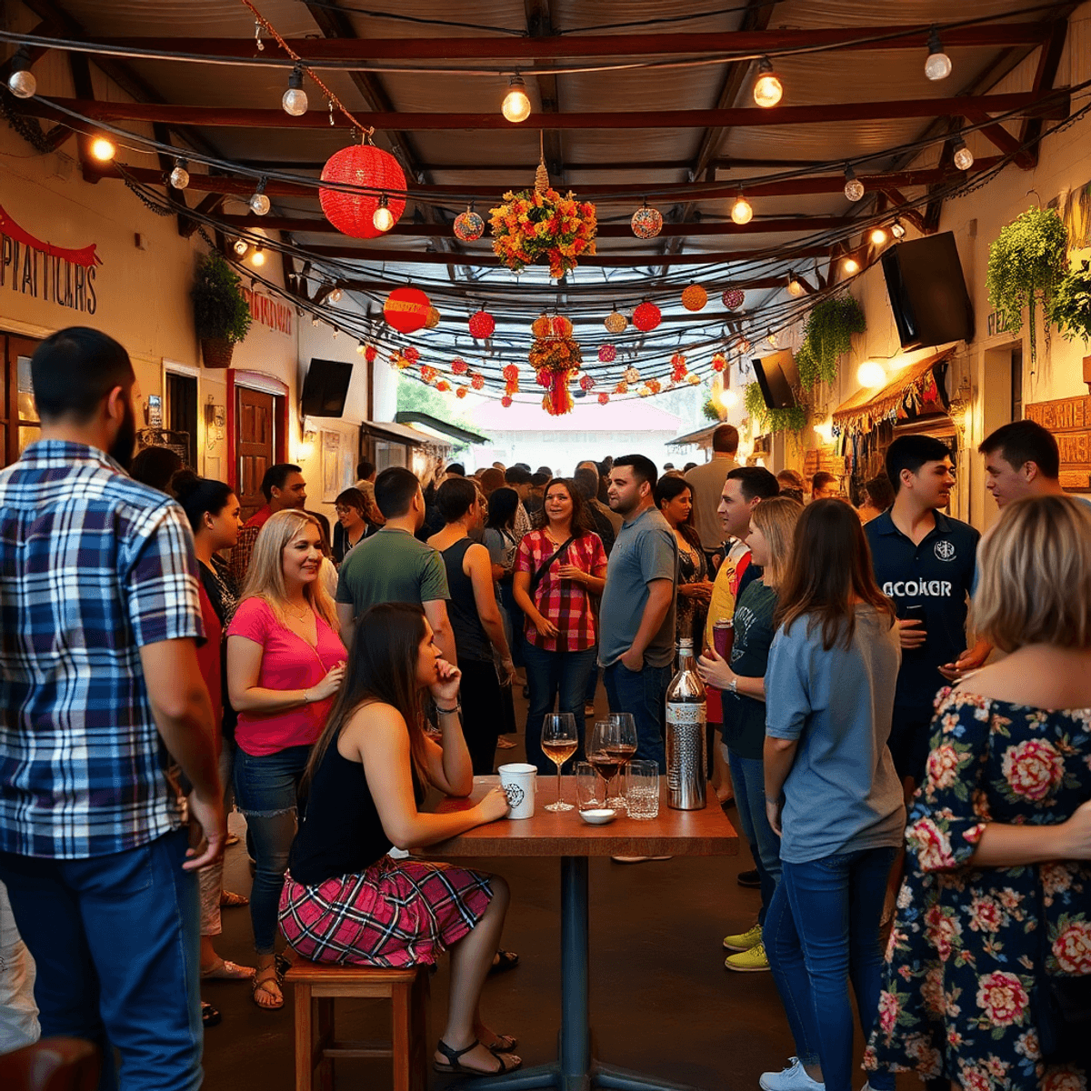 A lively community scene in Littlerock, California, featuring singles engaging in outdoor events with colorful decorations and a warm atmosphere, h...