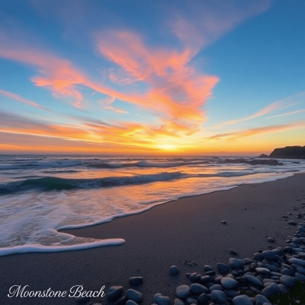 A picturesque sunset over Moonstone Beach, with gentle waves, colorful skies, smooth pebbles on the shore, and hints of coastal greenery, creating ...