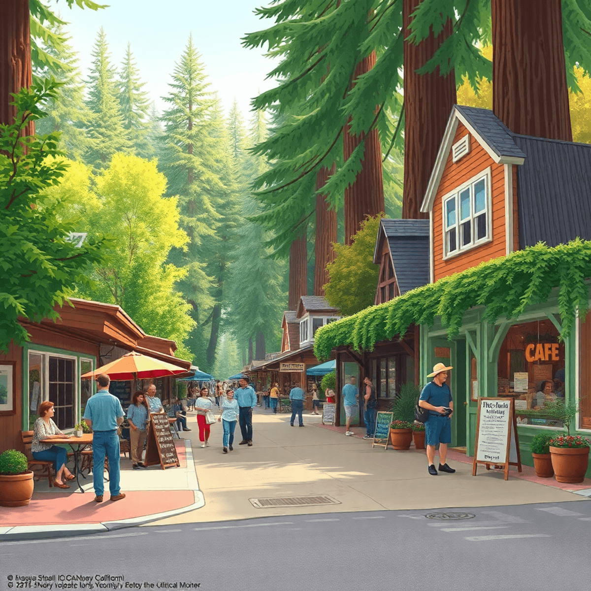 A charming small-town street in Redway, California, surrounded by towering redwoods, bustling café with people chatting, vibrant greenery, and a wa...
