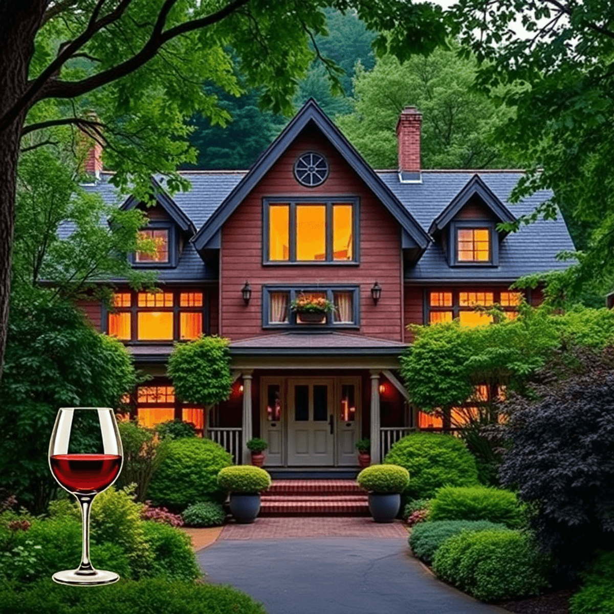 A charming view of the historic Brookdale Lodge nestled in lush greenery, with warm lights glowing from windows, featuring a wine glass and guitar ...