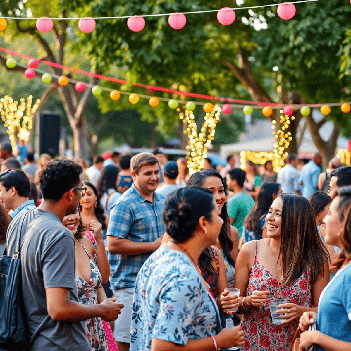 A lively community event in a park with singles mingling, laughing, and enjoying a summer concert, surrounded by colorful decorations and festive l...