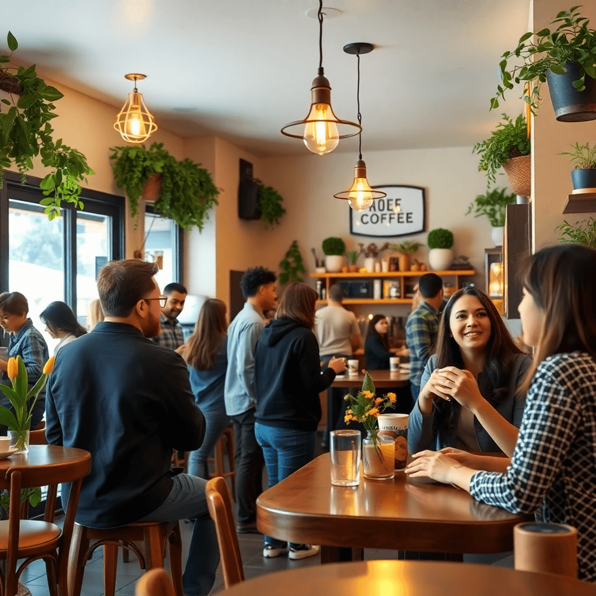 A cozy coffee shop in Woodlands, California, filled with young professionals engaging in conversation, surrounded by charming decor that reflects l...