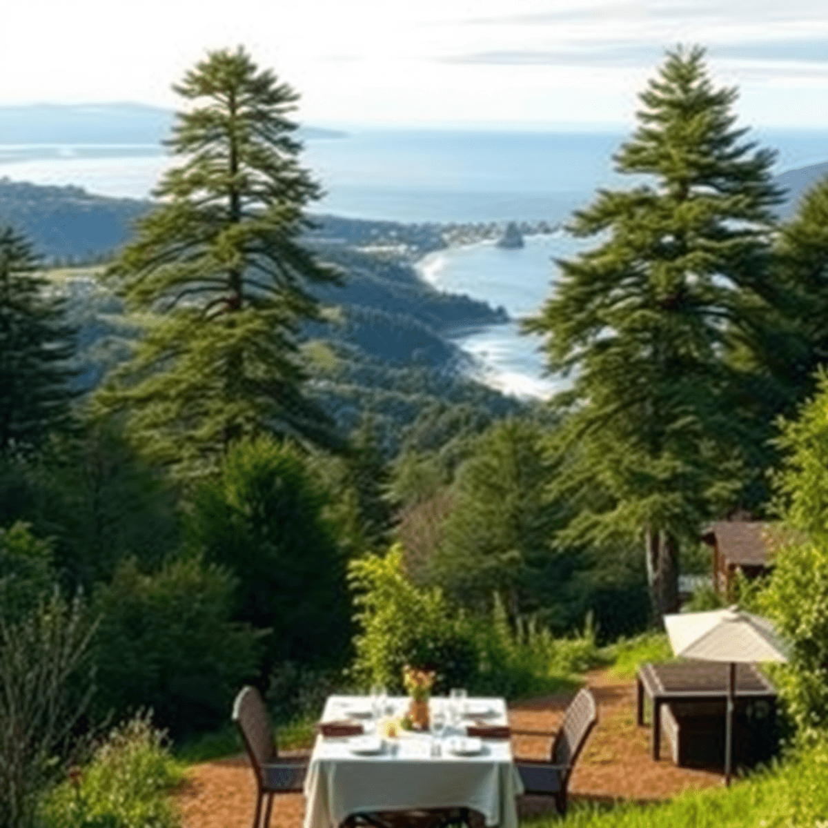 A scenic view of green hills and redwood trees, featuring a cozy outdoor dining setup and a hiking trail, evoking warmth and community in a Califor...