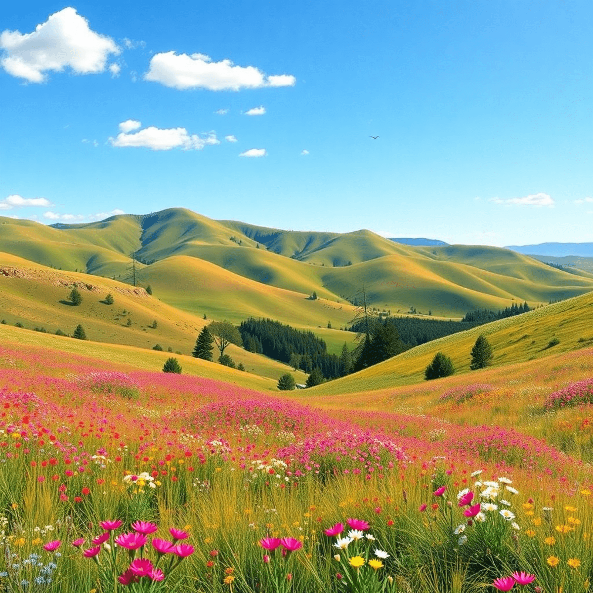 A scenic view of rolling hills and colorful wildflower meadows in San Pasqual, California, featuring hiking trails and peaceful picnic areas under ...