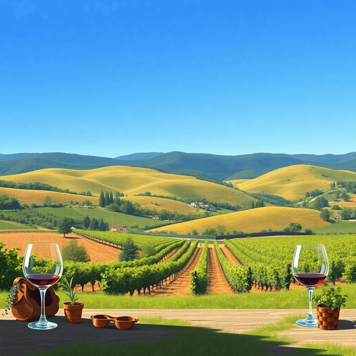 A scenic view of Camino, California, showcasing rolling hills and vineyards under a clear blue sky, with wine glasses and outdoor gear symbolizing ...