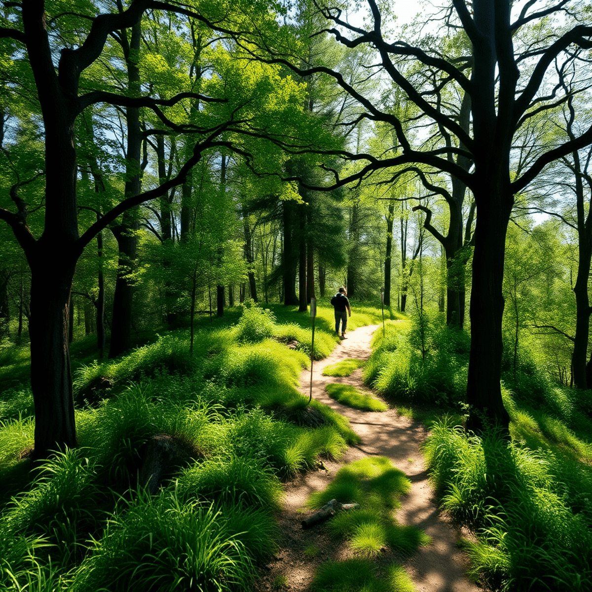A serene hiking trail in Forest Ranch, California, with sunlight filtering through vibrant greenery, featuring a picnic setup and a distant silhoue...