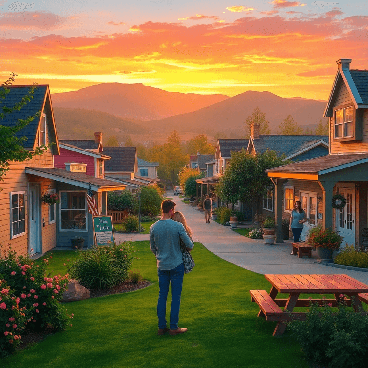 A picturesque small-town scene in Byron, California, showcasing a local park with couples enjoying outdoor activities under a warm sunset, evoking ...