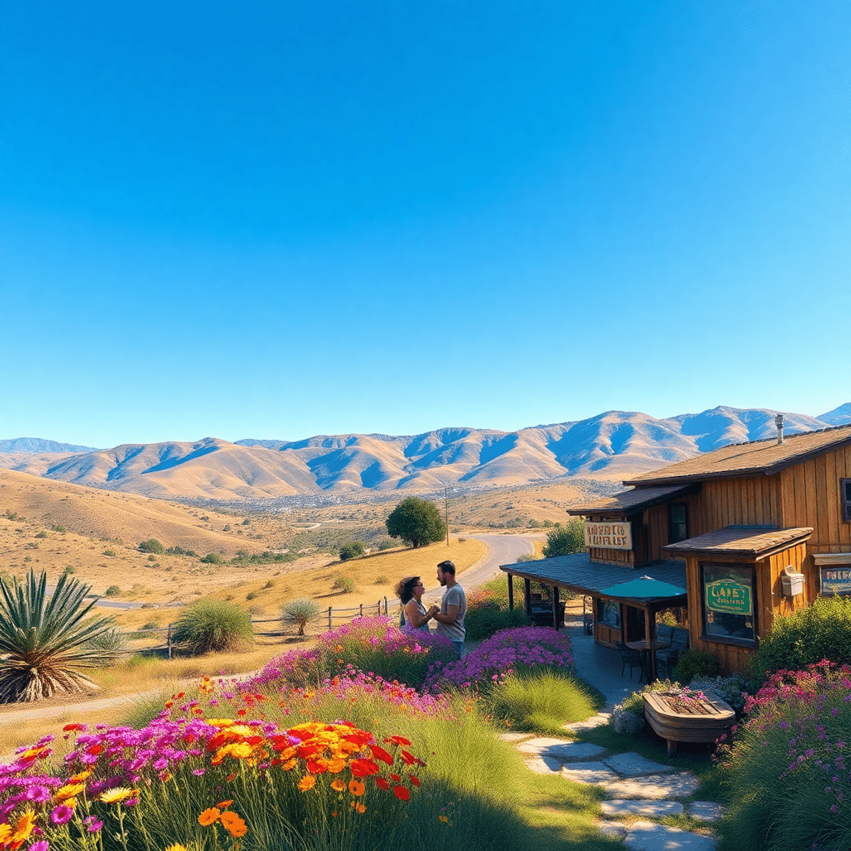 A scenic landscape in Anza, California, showcasing hiking trails, vibrant wildflowers, and a cozy café with a couple enjoying a picnic under a clea...