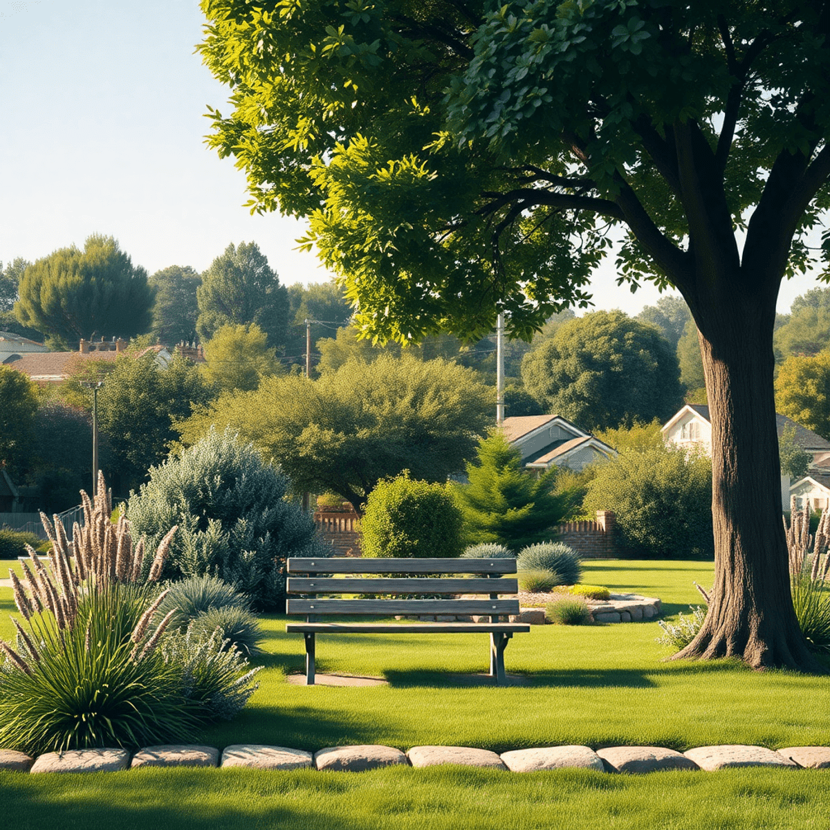 A tranquil garden scene in Home Garden, California, showcasing lush greenery, a cozy park bench under a tree, and a picnic setup, reflecting commun...