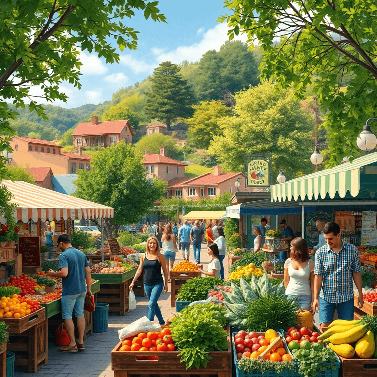 A vibrant farmers market in Corralitos, California, features colorful stalls of fresh produce and local goods, surrounded by lush greenery and char...