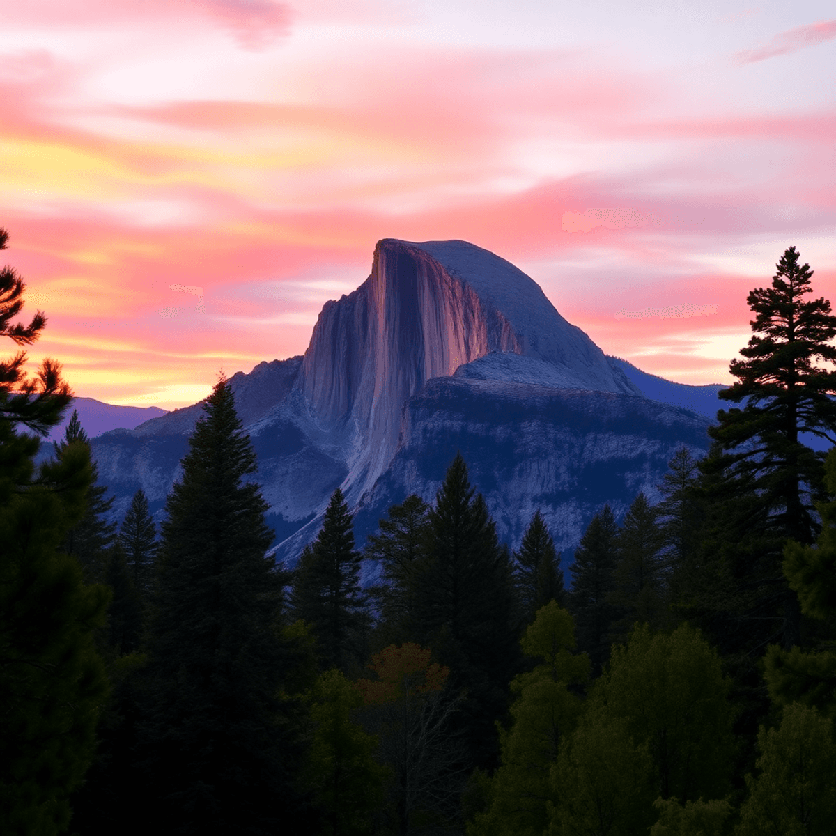 A breathtaking sunset over Half Dome in Yosemite Valley, with vibrant colors reflecting on the granite and surrounded by lush greenery and towering...