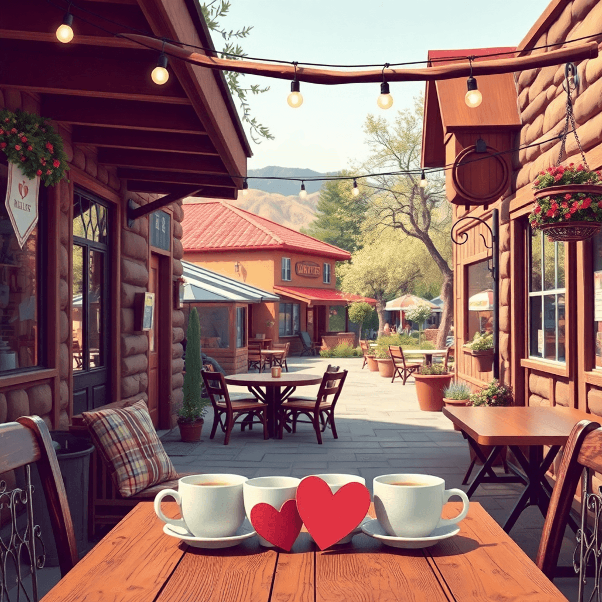 A cozy small-town scene in Knightsen, California, showcasing a rustic café with heart-shaped decorations and two coffee cups on a table, inviting a...