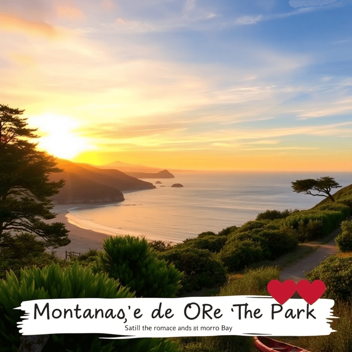 A stunning sunset over Montaña de Oro State Park, with a coastal view, lush greenery, kayaks on Morro Bay, and hiking trails, evoking outdoor roman...