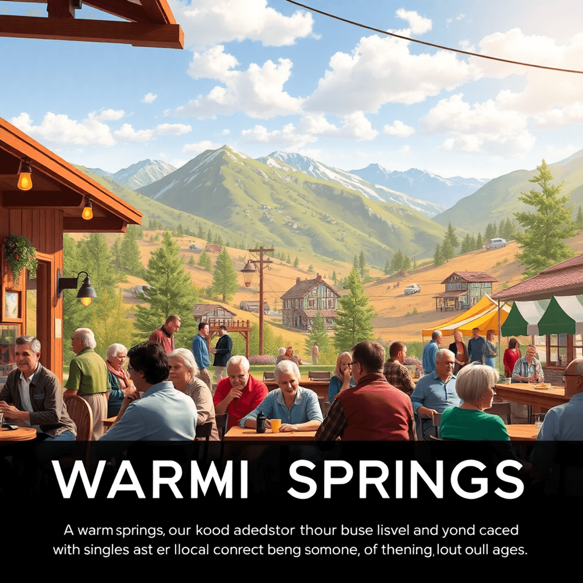 A cozy café bustling with people socializing, surrounded by scenic hiking trails and elements of local cultural events, creating a warm and invitin...