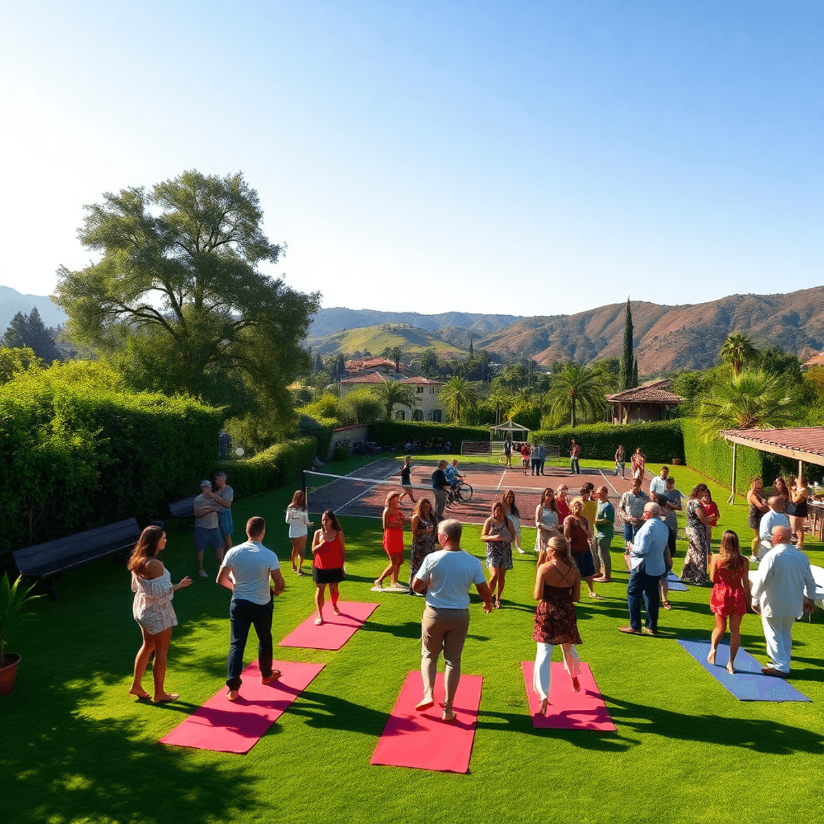 A lively outdoor gathering in Rolling Hills, California, showcasing lush greenery, tennis courts, yoga mats, and singles enjoying dancing and sport...